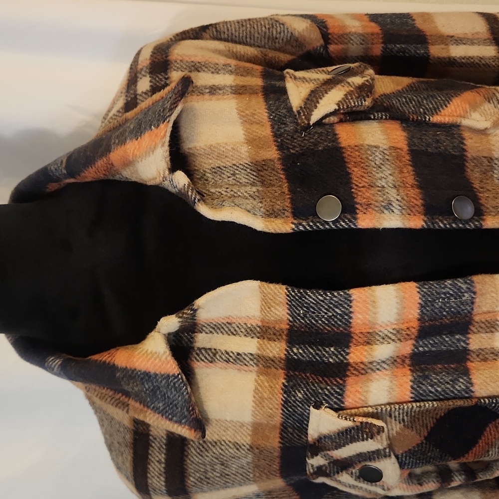 Flannel Button Down Shirt, Boyfriend Long Sleeve, Oversized, Brown/Orange, S - Picture 10 of 17